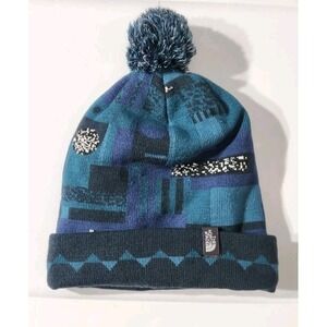 The North Face Beanie Unisex Blue Patchwork Pom Hat Ski Cap Tobogan Winter Cozy
